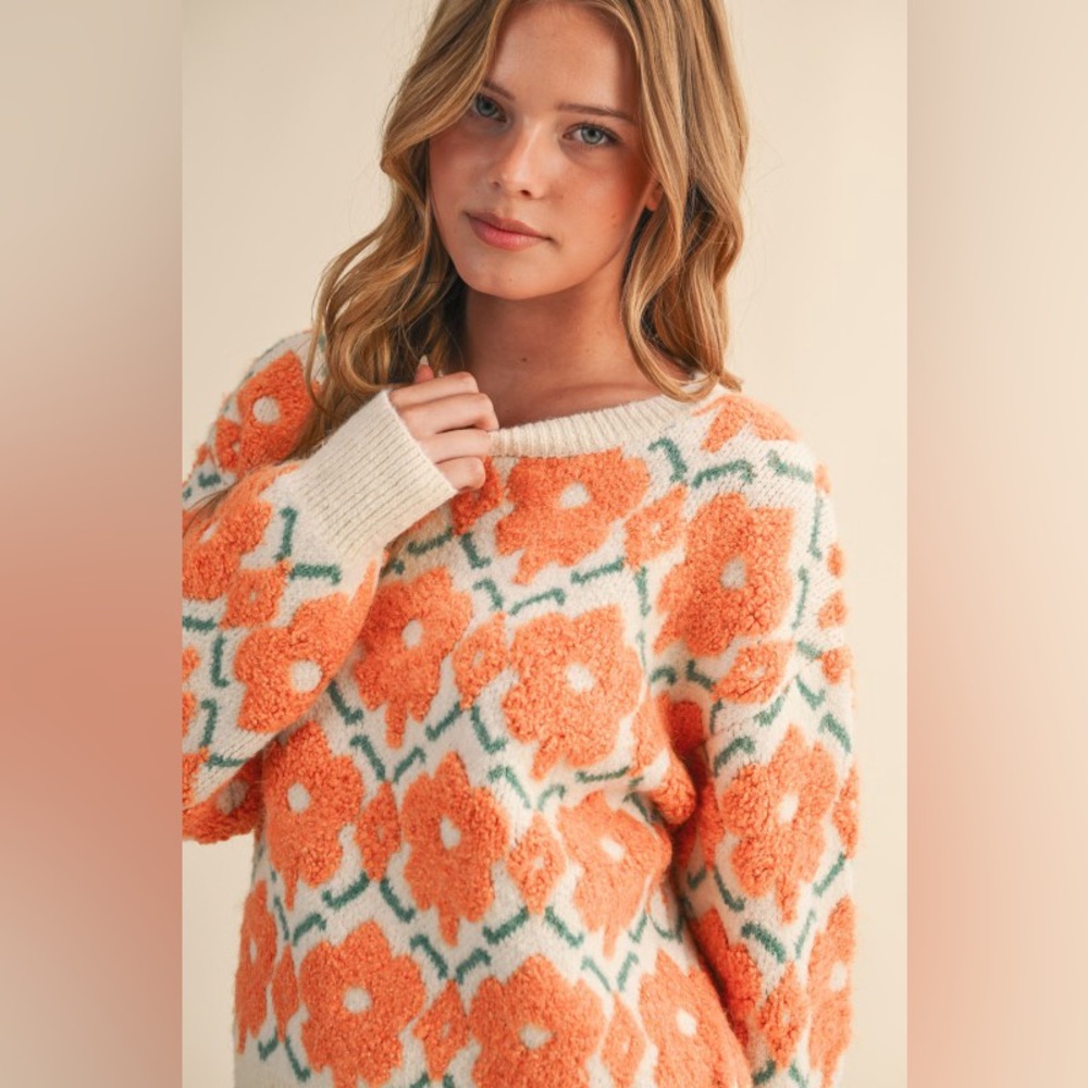 Orange fuchsia Sherpa floral flower print embroidered bohemian oversized sweater - Picture 3 of 6